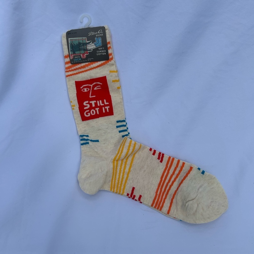Blue Q Cream Crew Socks with Red, Orange, Yellow & Teal Accents size 7-12 NWT